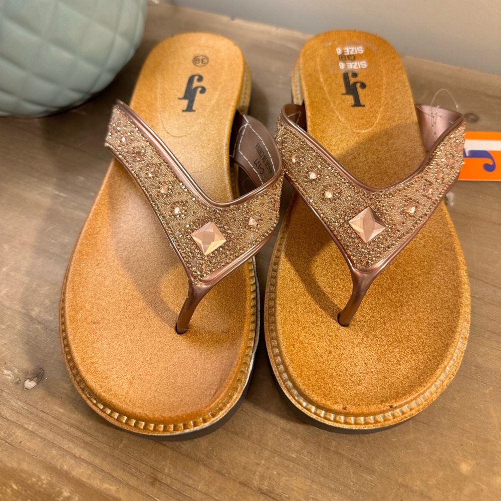 JJ Size 39 Stylish Brown Sandals with Rose Gold Embellishments